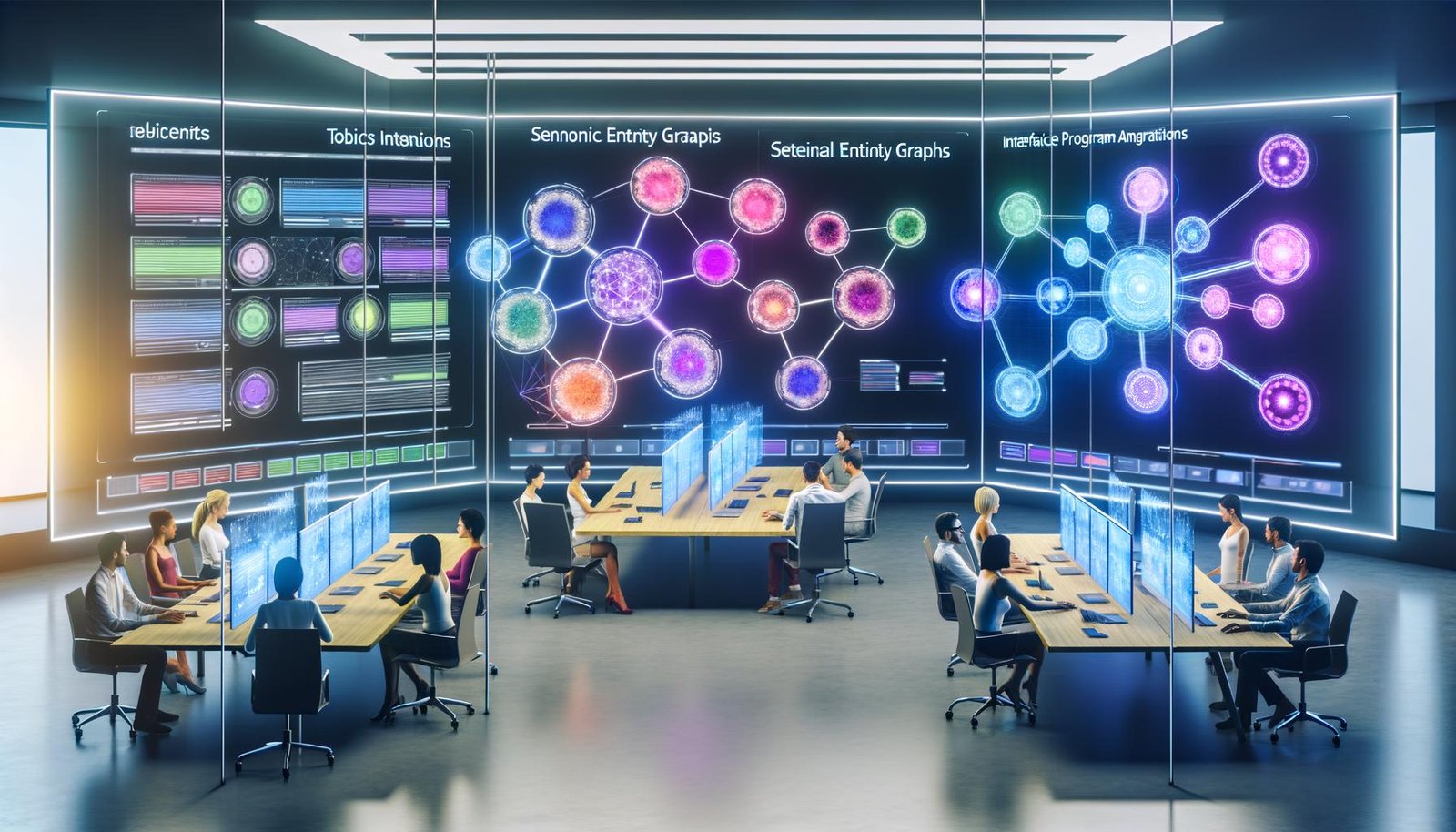 Modernes Redaktionsbüro mit transparenten Monitoren, digitalen Analyse-Dashboards und Teams, die an innovativen Content-Workflows arbeiten.