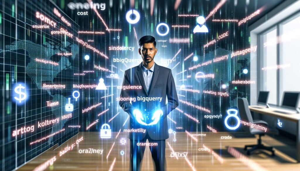 Marketer steht in einem futuristischen Büro, hält holografische BigQuery-Code-Snippets in den Händen, umgeben von Datenvisualisierungen und Marketing-Dashboards.
