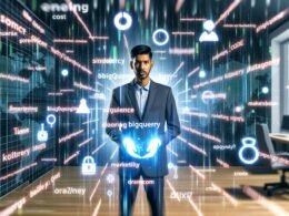 Marketer steht in einem futuristischen Büro, hält holografische BigQuery-Code-Snippets in den Händen, umgeben von Datenvisualisierungen und Marketing-Dashboards.