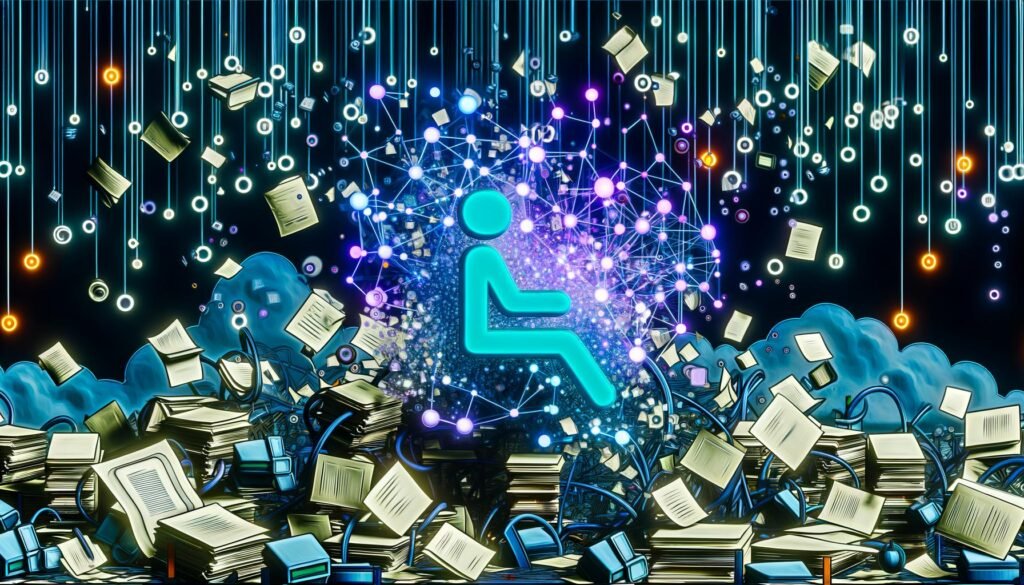 Futuristisches Bürochaos mit Excel-Tabellen und verwirrten Menschen, darüber schwebt ein leuchtendes semantisches Datenmodell mit RDF-, OWL- und SPARQL-Icons.