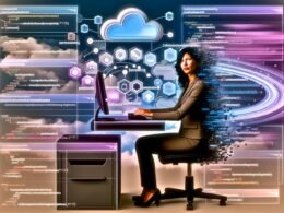 Illustration eines Datenprofis, der von Datenvisualisierungen, SQL-Code und BigQuery-Elementen in einer dynamischen Google-Cloud-Umgebung umgeben ist.