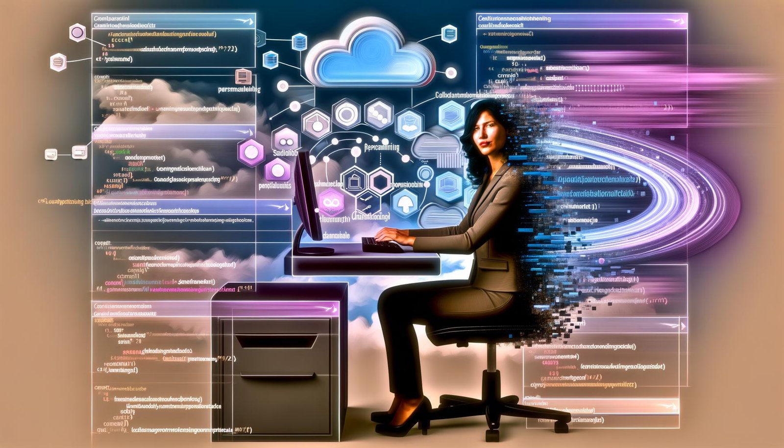 Illustration eines Datenprofis, der von Datenvisualisierungen, SQL-Code und BigQuery-Elementen in einer dynamischen Google-Cloud-Umgebung umgeben ist.