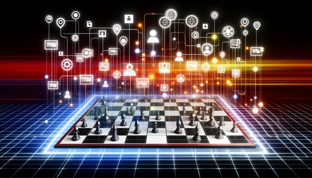 Futuristisch gestaltetes digitales Schachbrett mit Symbolen für Daten, Marken, Orte und Personen, verbunden in einem komplexen Netzwerk, mit Google-Logik- und Knowledge-Graph-Elementen im Hintergrund.