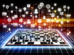 Futuristisch gestaltetes digitales Schachbrett mit Symbolen für Daten, Marken, Orte und Personen, verbunden in einem komplexen Netzwerk, mit Google-Logik- und Knowledge-Graph-Elementen im Hintergrund.