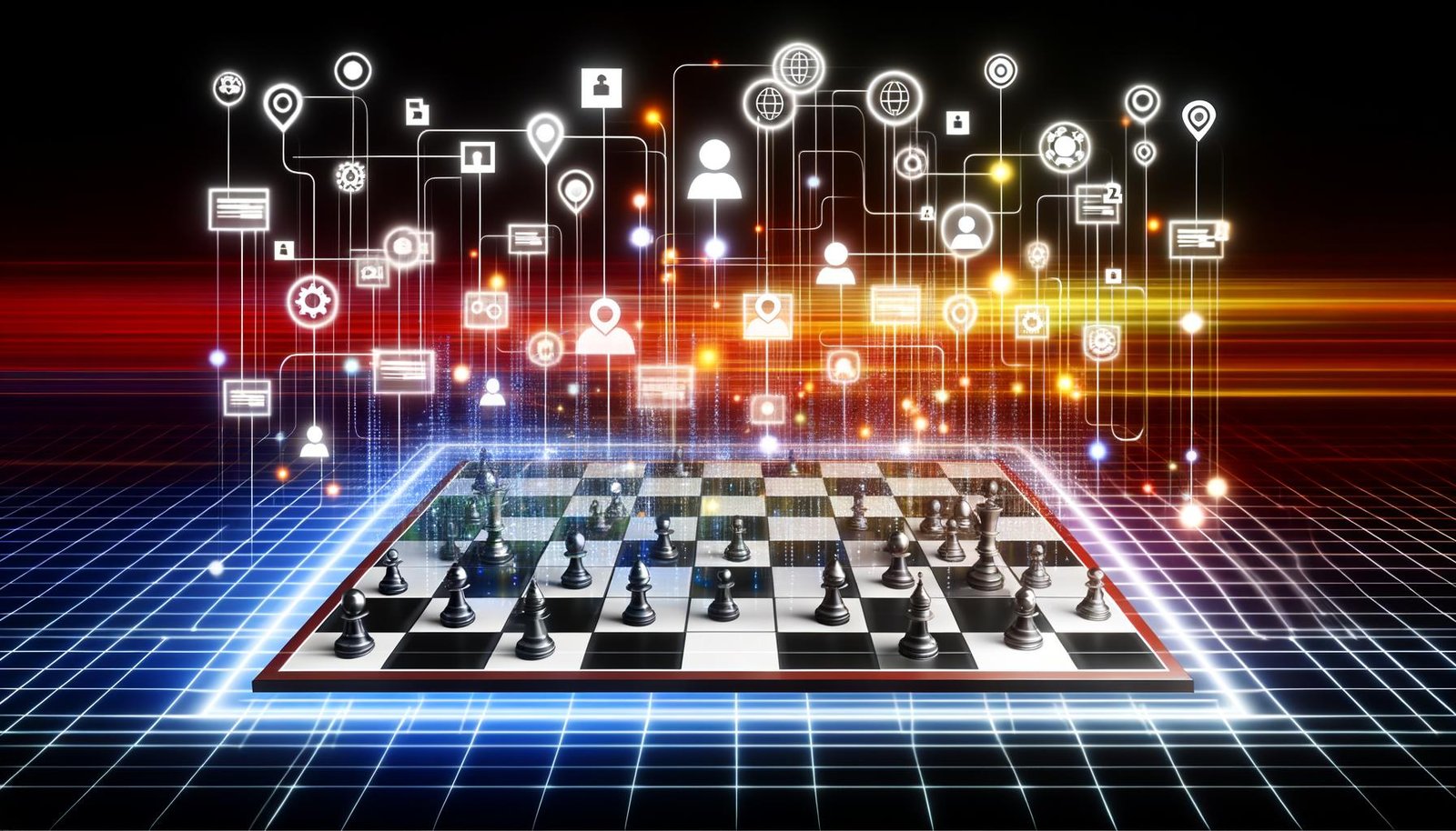Futuristisch gestaltetes digitales Schachbrett mit Symbolen für Daten, Marken, Orte und Personen, verbunden in einem komplexen Netzwerk, mit Google-Logik- und Knowledge-Graph-Elementen im Hintergrund.