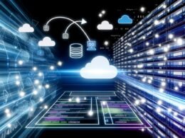 Futuristisches Dashboard zeigt Datenströme von Excel-Tabellen zu Google BigQuery in einer wolkenbasierten Umgebung mit leuchtenden Cloud-Icons und abstrahierten SQL-Zeichen.