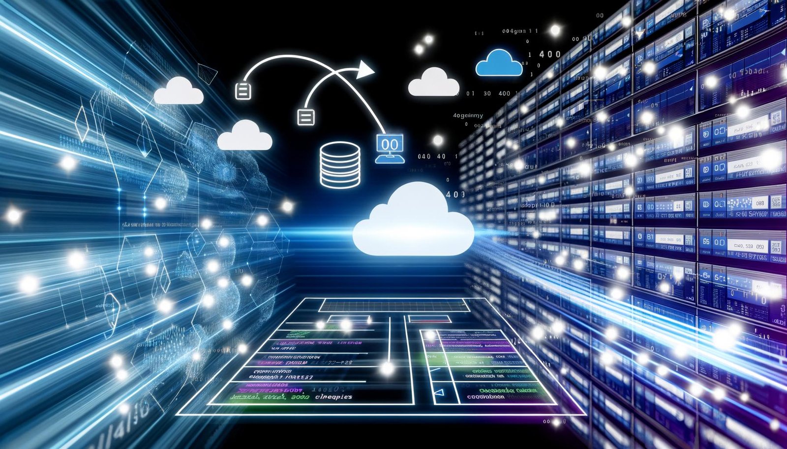 Futuristisches Dashboard zeigt Datenströme von Excel-Tabellen zu Google BigQuery in einer wolkenbasierten Umgebung mit leuchtenden Cloud-Icons und abstrahierten SQL-Zeichen.