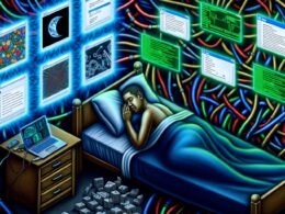 Person im Bett, beleuchtet von Bildschirmen mit NFT-Marktplätzen, Blockchain-Code und Krypto-Wallets. Über dem Bett verflechten sich Kabel und digitale Ströme zu einem chaotischen Techniknetz, das die Herausforderungen von passivem Einkommen mit NFTs darstellt.