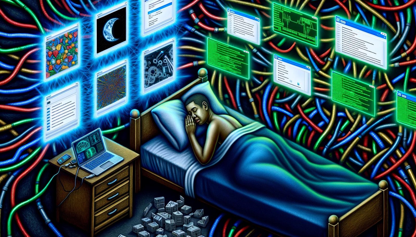 Person im Bett, beleuchtet von Bildschirmen mit NFT-Marktplätzen, Blockchain-Code und Krypto-Wallets. Über dem Bett verflechten sich Kabel und digitale Ströme zu einem chaotischen Techniknetz, das die Herausforderungen von passivem Einkommen mit NFTs darstellt.