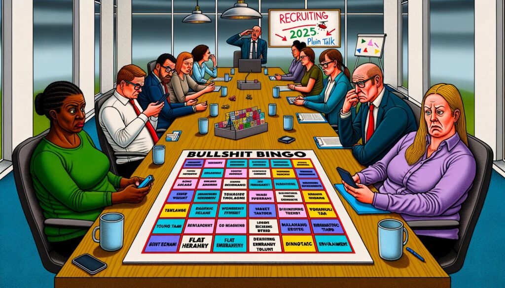 Recruiter an einem langen Konferenztisch spielen Bullshit-Bingo mit bunten Feldern, wirken genervt und gelangweilt, während ein Whiteboard „Recruiting 2025: Zeit für Klartext“ zeigt.