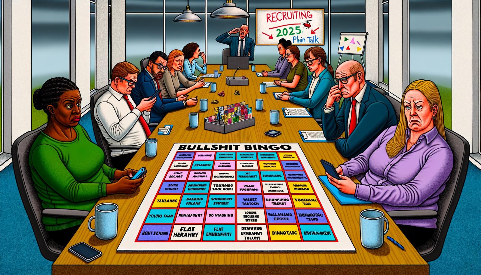 Recruiter an einem langen Konferenztisch spielen Bullshit-Bingo mit bunten Feldern, wirken genervt und gelangweilt, während ein Whiteboard „Recruiting 2025: Zeit für Klartext“ zeigt.