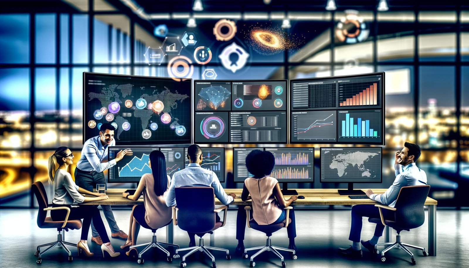 Diverse Marketing- und Datenprofis analysieren gemeinsam große Datensätze auf modernen Bildschirmen mit interaktiven Visualisierungen und Dashboards, unterstützt durch Google BigQuery.