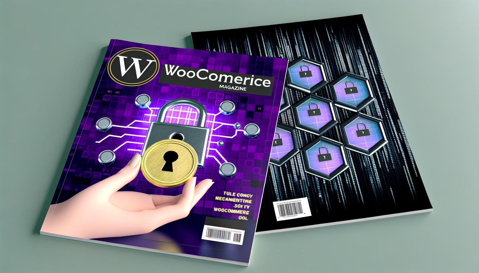 Grafische Darstellung von Token Gated Content, Security-Workflows und Absicherung in WooCommerce mit JWT-Symbolen, Schlüsseln, Shop- und Content-Icons, Monitoring-Dashboards und Split-Screen zu Sicherheitskonzepten.