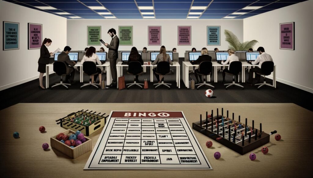 Satirische Büroszene mit Recruiting-Bingo-Karte, genervten Fachkräften an Laptops, überfülltem Schreibtisch und einem verwaisten Kicker in einer sterilen Großraumbüro-Atmosphäre.