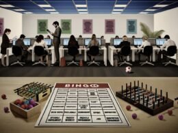 Satirische Büroszene mit Recruiting-Bingo-Karte, genervten Fachkräften an Laptops, überfülltem Schreibtisch und einem verwaisten Kicker in einer sterilen Großraumbüro-Atmosphäre.