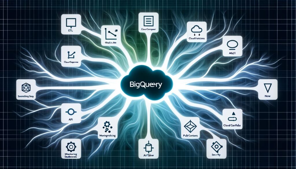 Moderne Tech-Illustration zeigt zentrales BigQuery-Logo mit vernetzten Datenströmen zu Cloud-Komponenten wie ETL-Jobs, Composer, Dataflow, Cloud Functions und Security-Schutzschildern, während alte Tools wie Excel im Hintergrund verblassen.