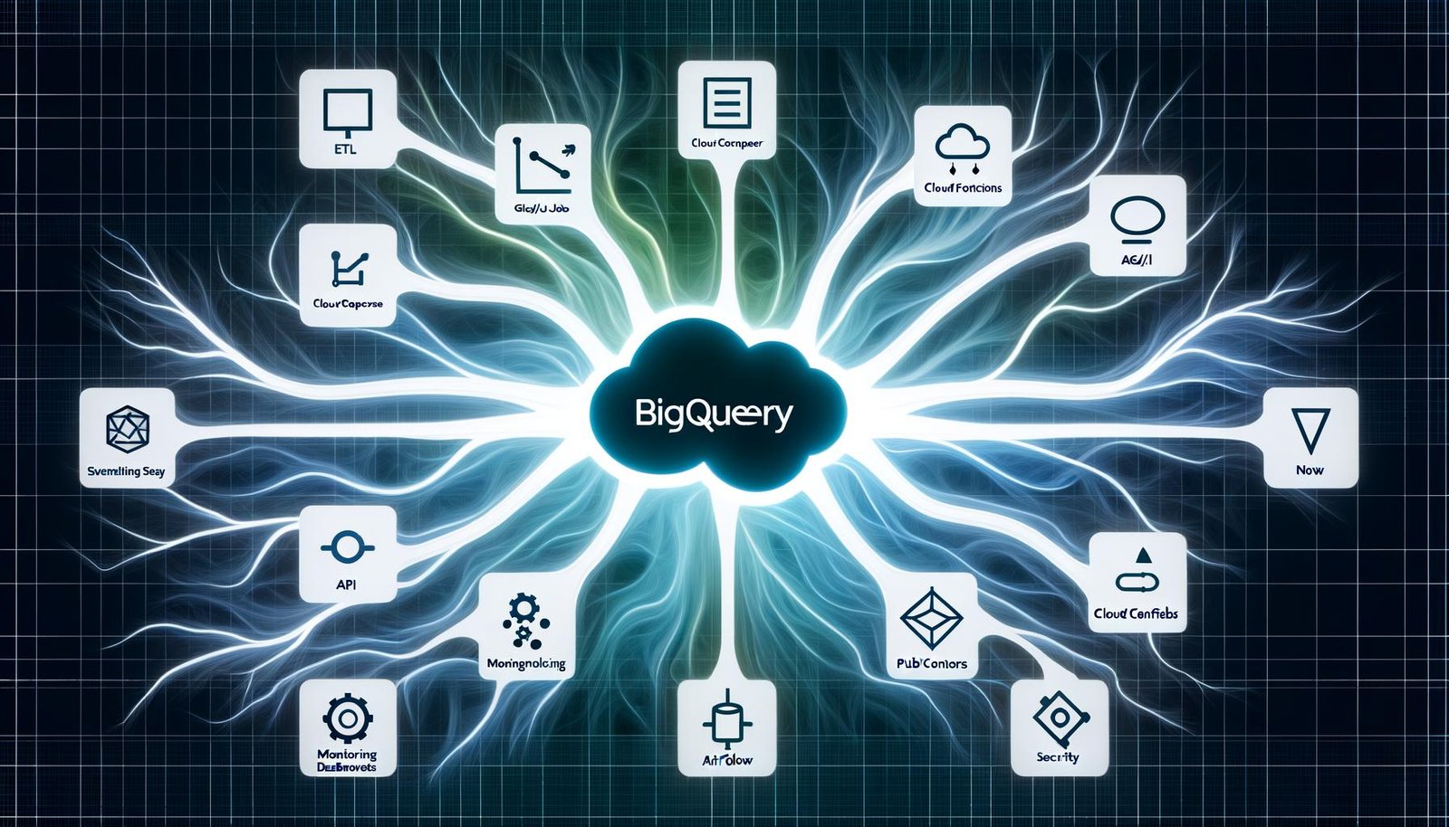Moderne Tech-Illustration zeigt zentrales BigQuery-Logo mit vernetzten Datenströmen zu Cloud-Komponenten wie ETL-Jobs, Composer, Dataflow, Cloud Functions und Security-Schutzschildern, während alte Tools wie Excel im Hintergrund verblassen.
