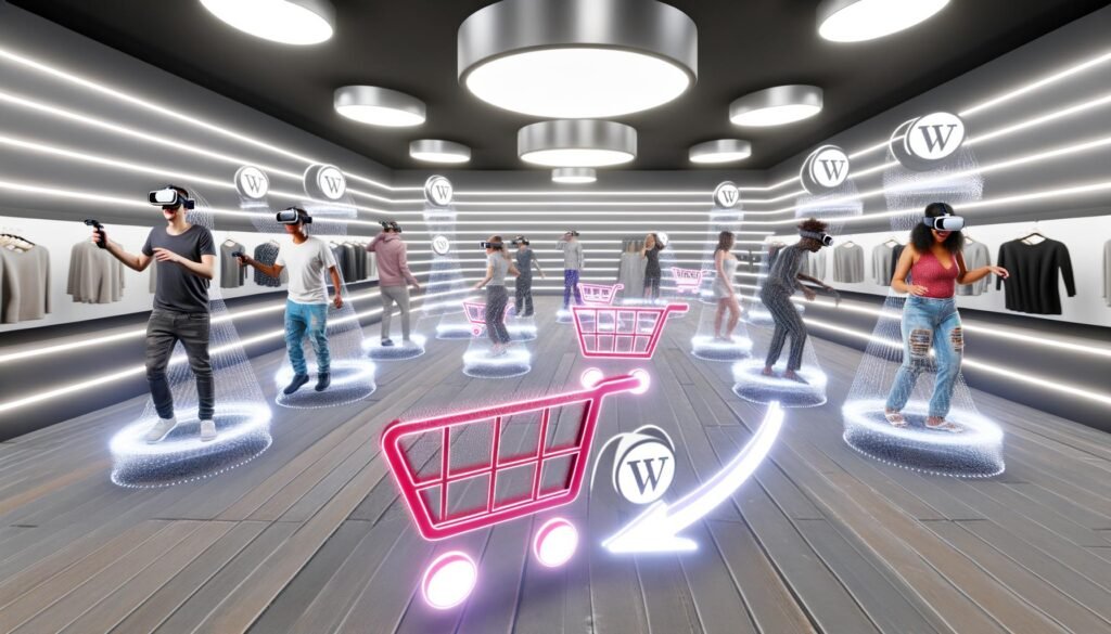 Futuristische virtuelle Realität Shop-Umgebung mit VR-Nutzern, WooCommerce-Einkaufswagen und interaktiven Produktdisplays in einem modernen digitalen Showroom.