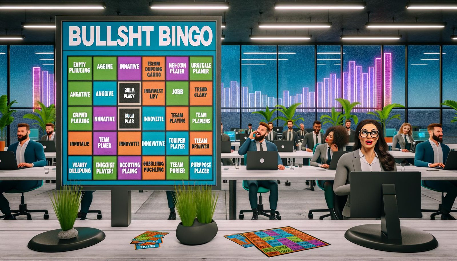 Großraumbüro mit humorvollem Bullshit Bingo-Board, Recruiter mit ratlosen Gesichtern und Stellenanzeigen voller Buzzwords auf Monitoren.