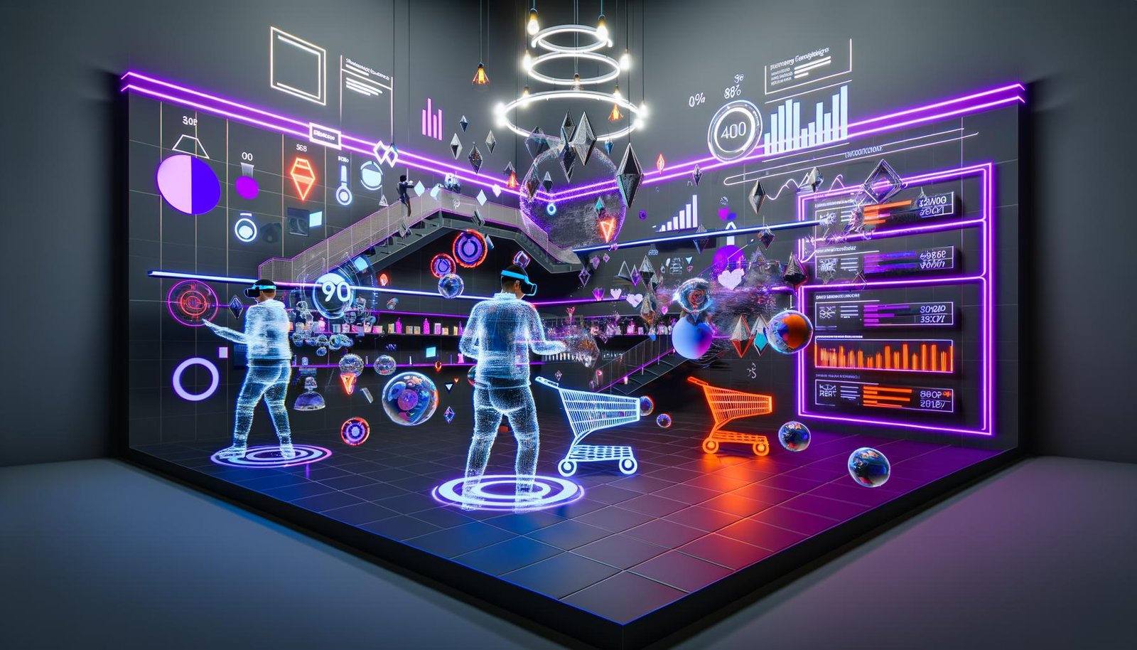 Virtuelle Realität im E-Commerce: Nutzer mit VR-Headsets erkunden einen futuristischen WooCommerce Showroom mit holografischen Produkten und 3D-Warenkorb.