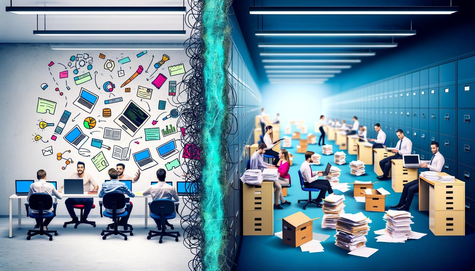 Links modernes Startup-Büro mit Laptops und agilen Teams, rechts traditionelles Amt mit Aktenstapeln, getrennt durch digitalen und analogen Graben.