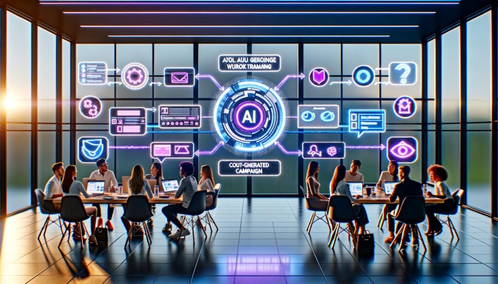 Marketer nutzen in einem futuristischen Büro Canva’s KI-Workflow auf großen digitalen Bildschirmen mit interaktiven Designs, Text, Analysen und Markenvorgaben.