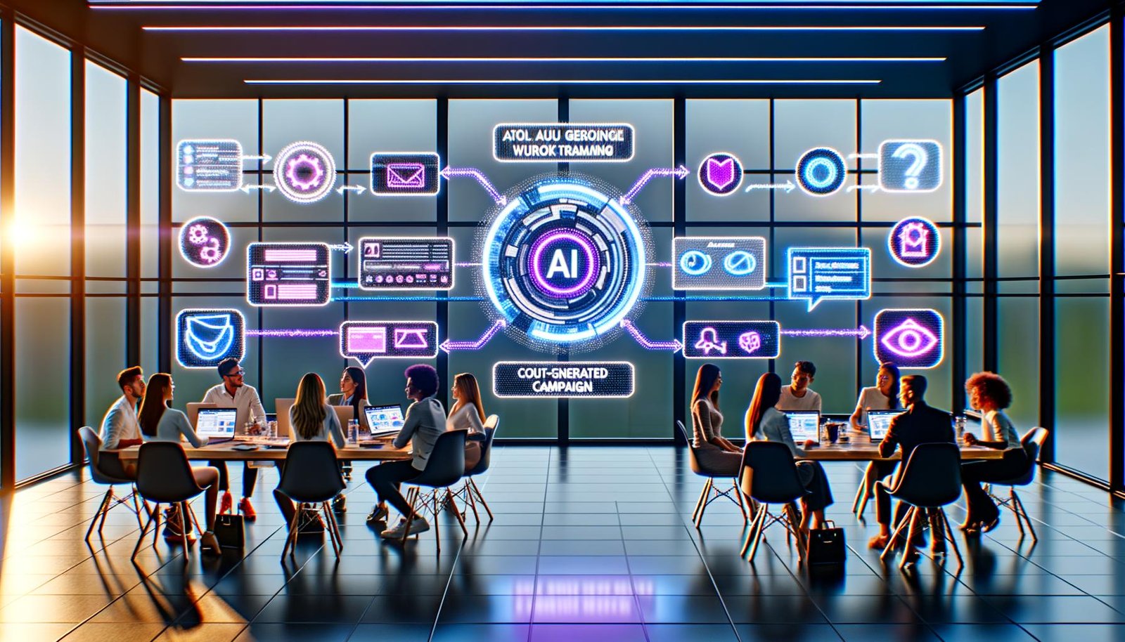 Marketer nutzen in einem futuristischen Büro Canva’s KI-Workflow auf großen digitalen Bildschirmen mit interaktiven Designs, Text, Analysen und Markenvorgaben.