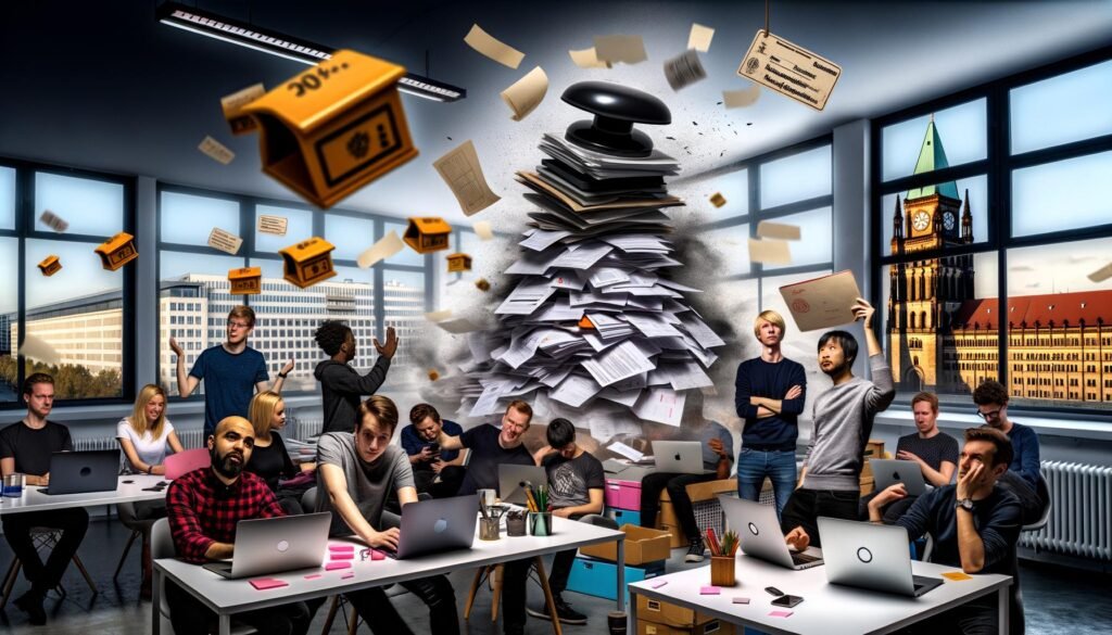 Modernes Berliner Startup-Büro mit jungen Gründer*innen, kreativer Arbeitsatmosphäre und einem Schatten aus Papierbergen voller Formulare und Akten als Symbol der deutschen Bürokratie.