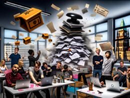 Modernes Berliner Startup-Büro mit jungen Gründer*innen, kreativer Arbeitsatmosphäre und einem Schatten aus Papierbergen voller Formulare und Akten als Symbol der deutschen Bürokratie.