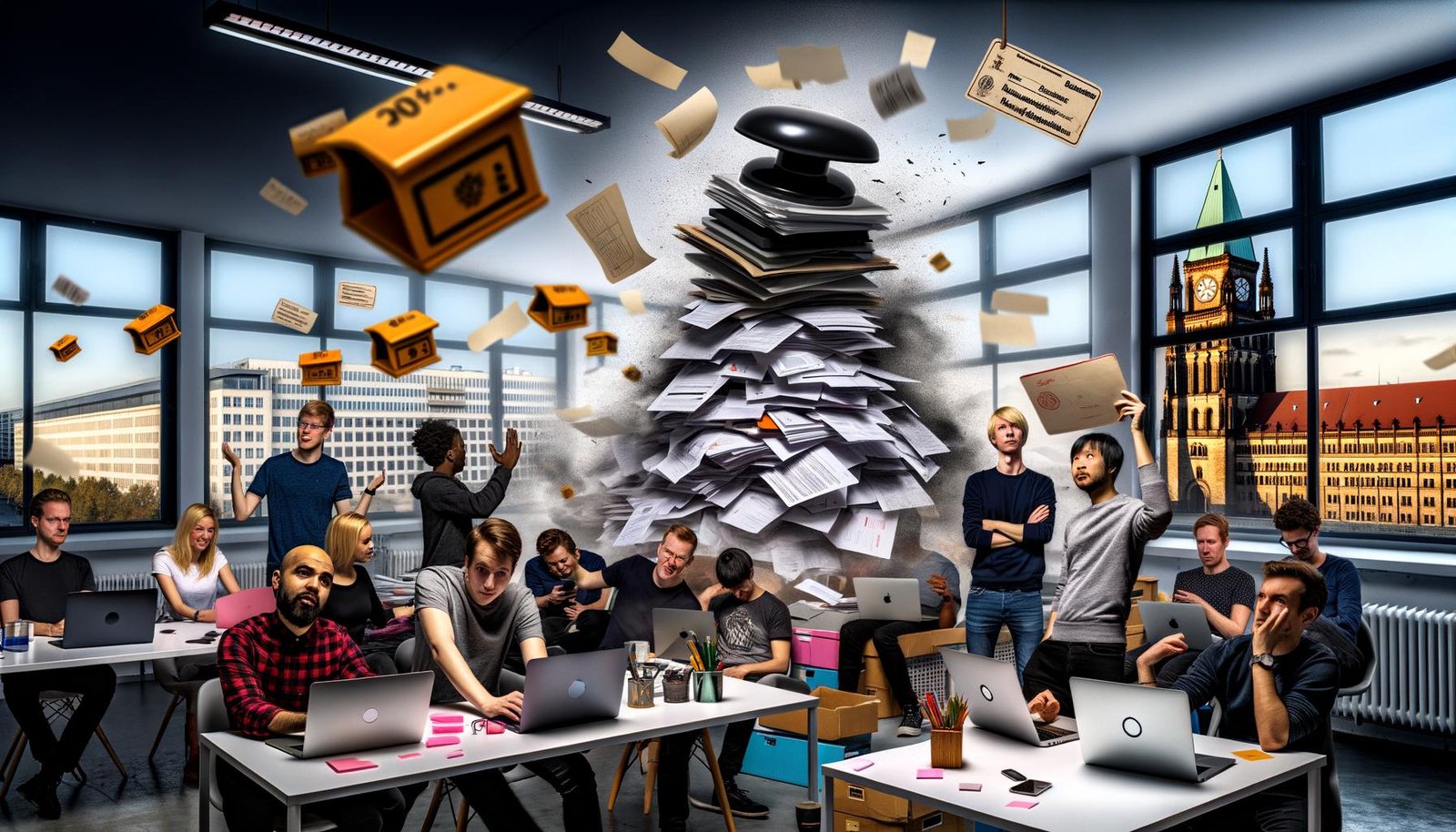 Modernes Berliner Startup-Büro mit jungen Gründer*innen, kreativer Arbeitsatmosphäre und einem Schatten aus Papierbergen voller Formulare und Akten als Symbol der deutschen Bürokratie.