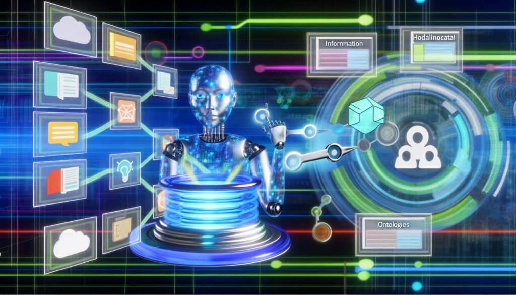 Modernes Kontrollzentrum mit KI-Figur und holografischen Bildschirmen, die komplexe Netzwerke aus Metadaten und Wissensgraphen visualisieren. Klassische CMS-Symbole lösen sich im Hintergrund auf.