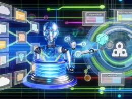 Modernes Kontrollzentrum mit KI-Figur und holografischen Bildschirmen, die komplexe Netzwerke aus Metadaten und Wissensgraphen visualisieren. Klassische CMS-Symbole lösen sich im Hintergrund auf.