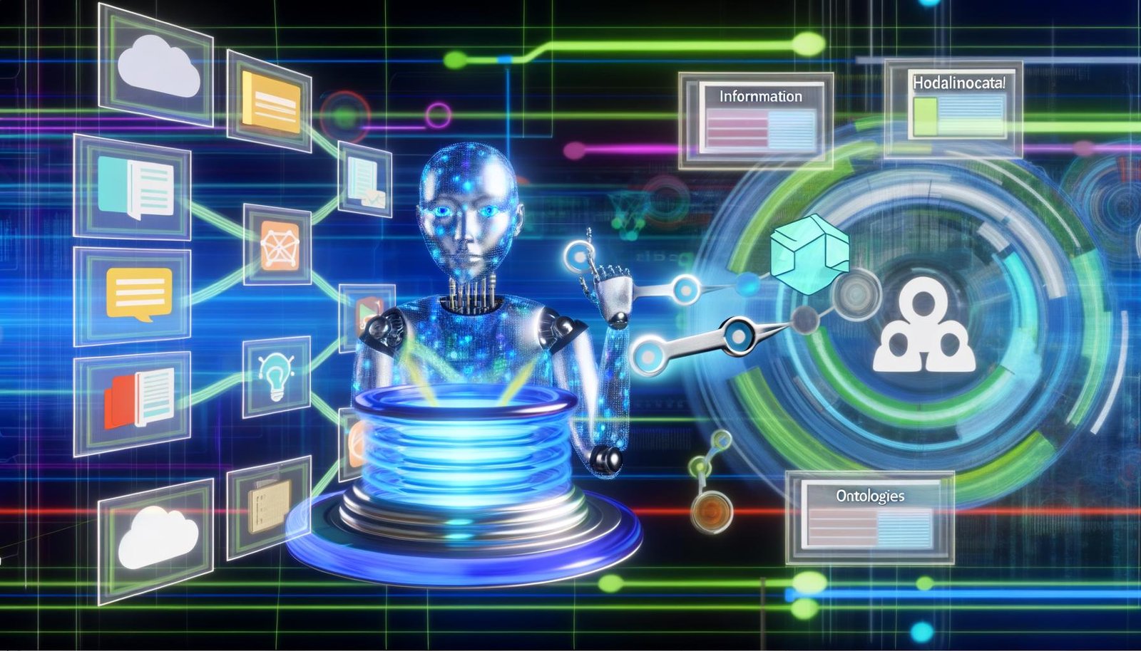 Modernes Kontrollzentrum mit KI-Figur und holografischen Bildschirmen, die komplexe Netzwerke aus Metadaten und Wissensgraphen visualisieren. Klassische CMS-Symbole lösen sich im Hintergrund auf.