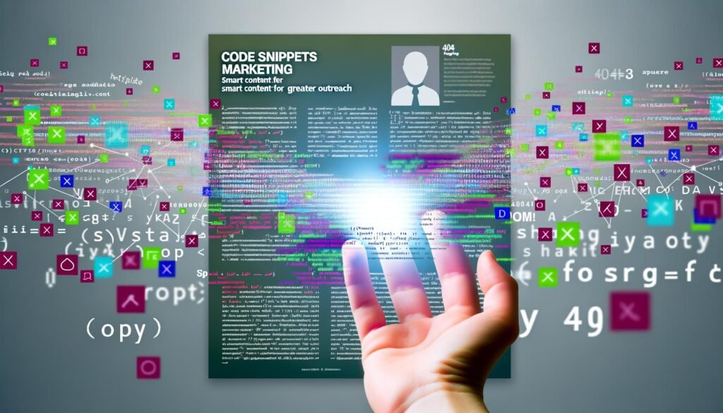 Hand hält ein leuchtendes Code-Snippet vor grauen, zerfließenden Stockfotos mit farbigen Linien und modernen Share- und Copy-Symbolen als Sinnbild für virale Reichweite, darüber der Titel: 'Code Snippets Marketing: Cleverer Content für mehr Reichweite'.