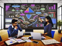 Zwei Marketingexperten betrachten in einem modernen Büro ein breites Dashboard mit Echtzeit-Datenvisualisierungen, Conversion-Funnels und KPIs. Auf dem Tisch sind Laptops, ein Notizbuch mit Skizzen und eine Kaffeetasse.