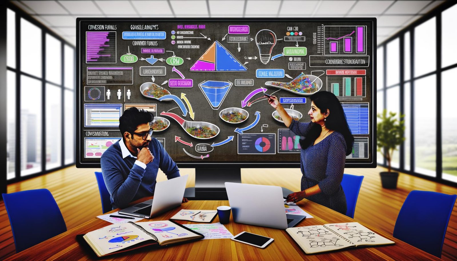 Zwei Marketingexperten betrachten in einem modernen Büro ein breites Dashboard mit Echtzeit-Datenvisualisierungen, Conversion-Funnels und KPIs. Auf dem Tisch sind Laptops, ein Notizbuch mit Skizzen und eine Kaffeetasse.