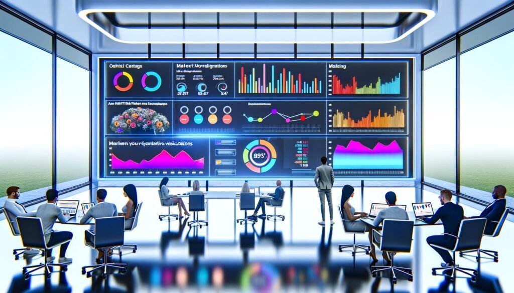 Team von Marketern und Entwicklern analysiert bunte Dash-Diagramme auf großem Bildschirm in einem modernen, technisch ausgestatteten Büro mit Silicon-Valley-Atmosphäre.