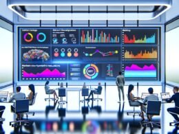 Team von Marketern und Entwicklern analysiert bunte Dash-Diagramme auf großem Bildschirm in einem modernen, technisch ausgestatteten Büro mit Silicon-Valley-Atmosphäre.