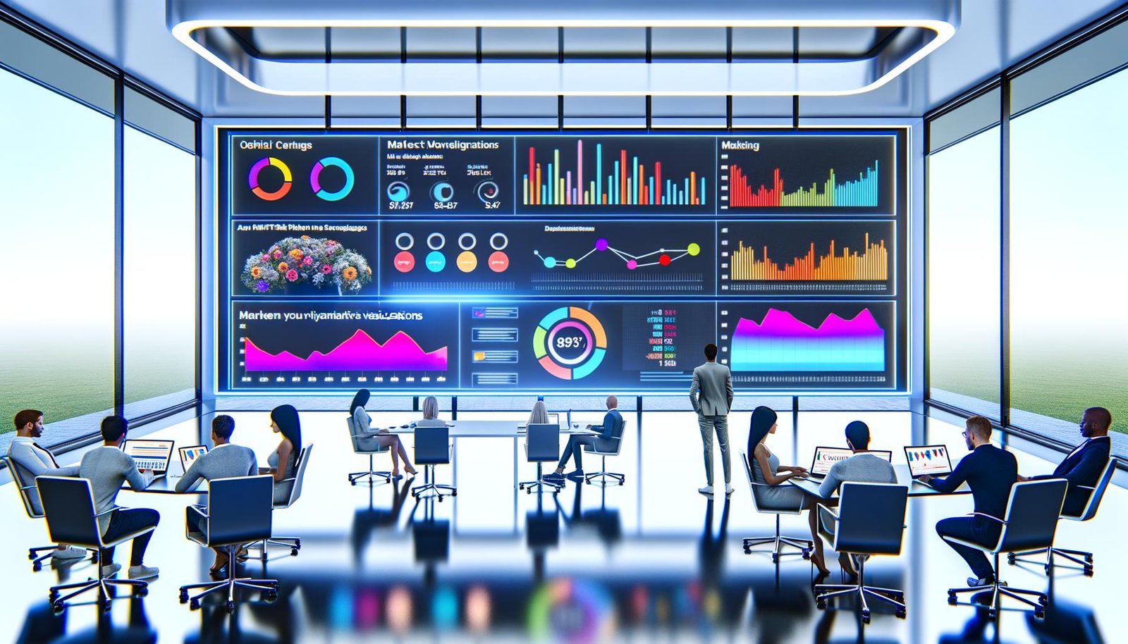 Team von Marketern und Entwicklern analysiert bunte Dash-Diagramme auf großem Bildschirm in einem modernen, technisch ausgestatteten Büro mit Silicon-Valley-Atmosphäre.