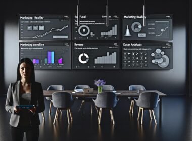 Marketerin in einem dunkel gehaltenen, modernen Büro mit großen Monitoren, die ein interaktives Dash Dashboard mit Conversion Funnel, Revenue-Graphen und Echtzeit-Marketing-KPIs anzeigen. Sie hält ein Tablet mit weiteren Daten.