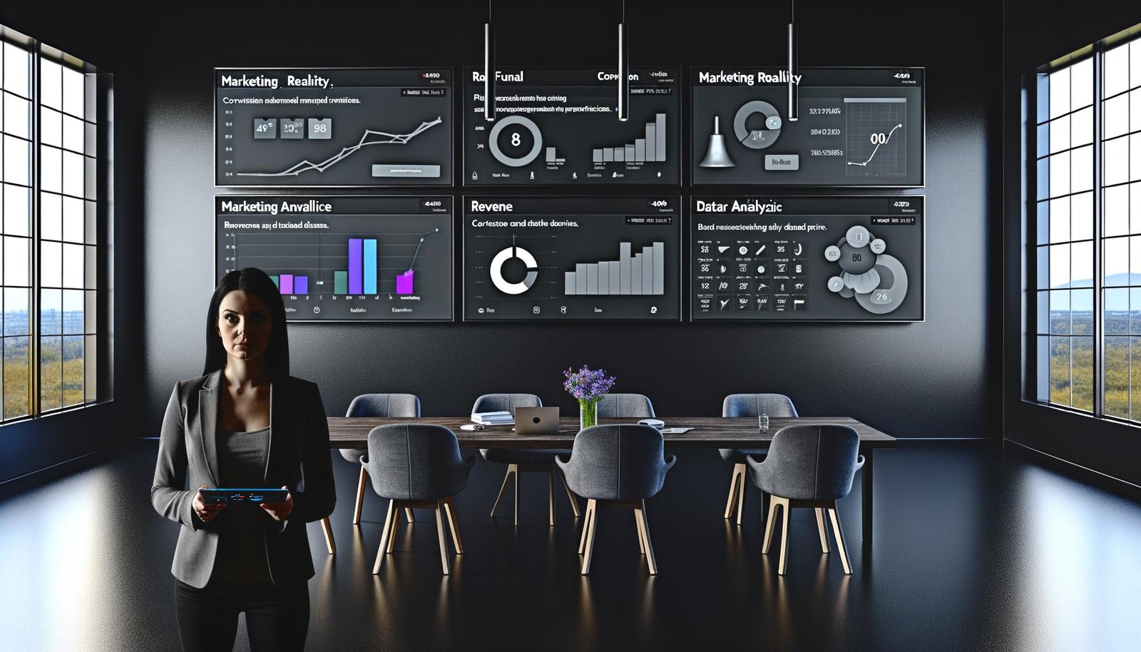 Marketerin in einem dunkel gehaltenen, modernen Büro mit großen Monitoren, die ein interaktives Dash Dashboard mit Conversion Funnel, Revenue-Graphen und Echtzeit-Marketing-KPIs anzeigen. Sie hält ein Tablet mit weiteren Daten.