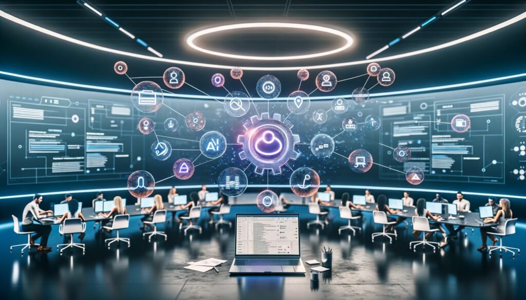 Futuristischer digitaler Workspace mit Team aus Marketers und Content Creators vor einem Laptop mit Canva, umgeben von Analysen, Templates, Automatisierungen und SEO-Keyword-Visualisierungen.