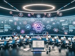 Futuristischer digitaler Workspace mit Team aus Marketers und Content Creators vor einem Laptop mit Canva, umgeben von Analysen, Templates, Automatisierungen und SEO-Keyword-Visualisierungen.