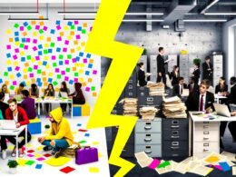 Gegensätzliche Bürowelten: Startup-Open-Space mit jungen Menschen neben traditionellem Büro mit Papierstapeln, getrennt durch einen gelben Blitz.