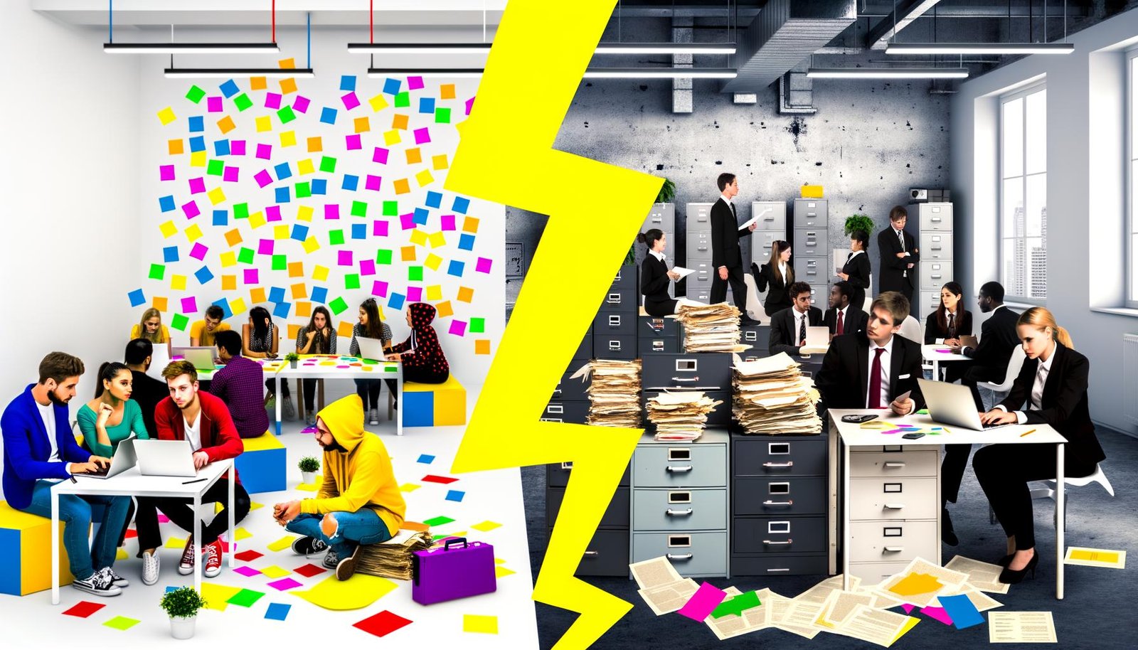 Gegensätzliche Bürowelten: Startup-Open-Space mit jungen Menschen neben traditionellem Büro mit Papierstapeln, getrennt durch einen gelben Blitz.