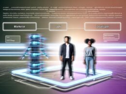 Futuristische Szene mit schwebendem User-Interface, verbundenen Datenströmen und API-Knoten, Marketer und Entwickler im Vordergrund, voneinander durch Lichtstrahlen automatisiert verbunden.