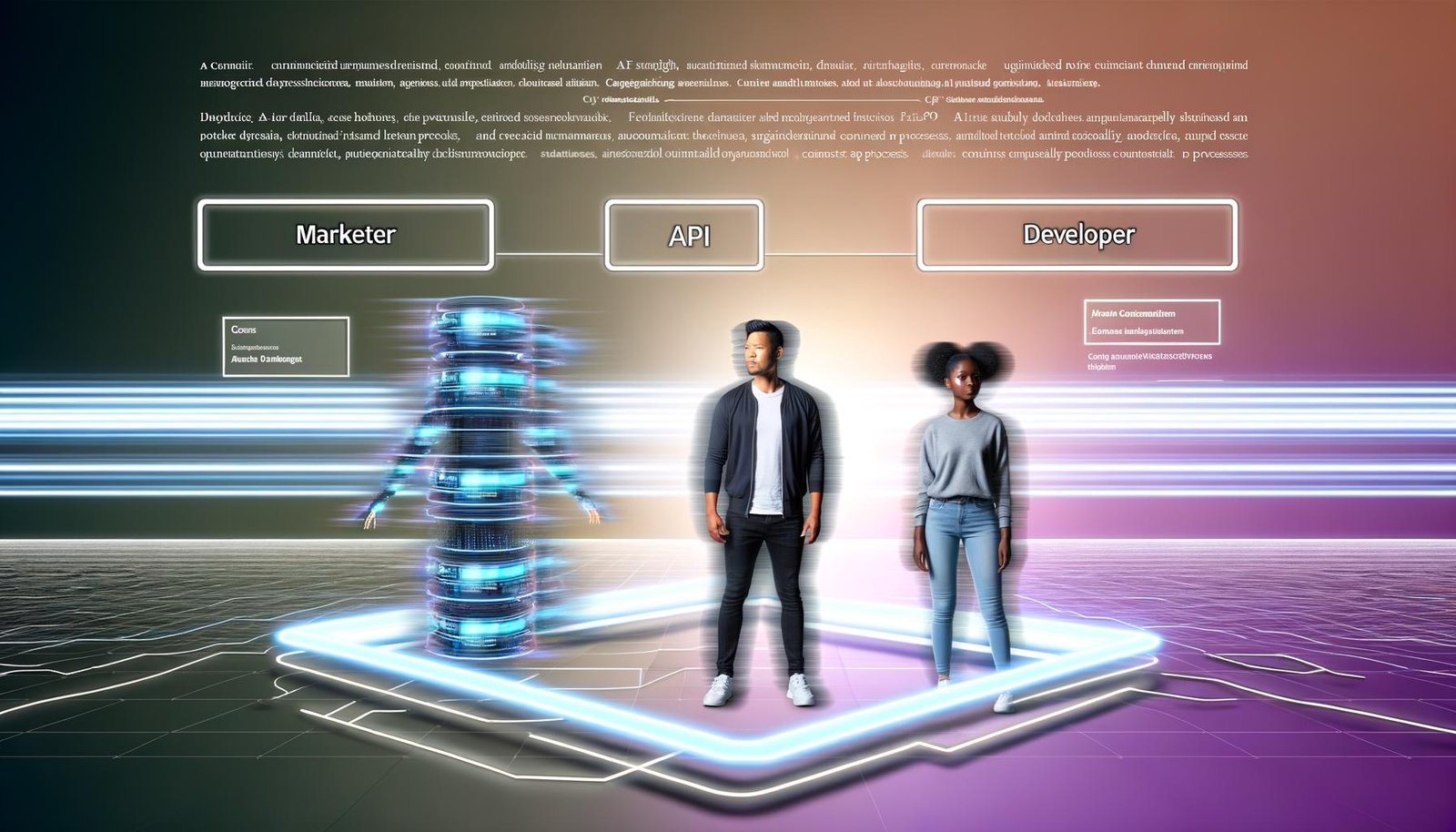 Futuristische Szene mit schwebendem User-Interface, verbundenen Datenströmen und API-Knoten, Marketer und Entwickler im Vordergrund, voneinander durch Lichtstrahlen automatisiert verbunden.