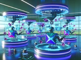 Futuristisches Marketingzentrum mit holografischen, Canva-gebrandeten Newslettern, die von Robotern und KI-Avataren verwaltet und verteilt werden.