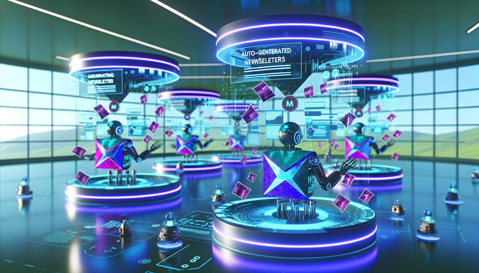 Futuristisches Marketingzentrum mit holografischen, Canva-gebrandeten Newslettern, die von Robotern und KI-Avataren verwaltet und verteilt werden.