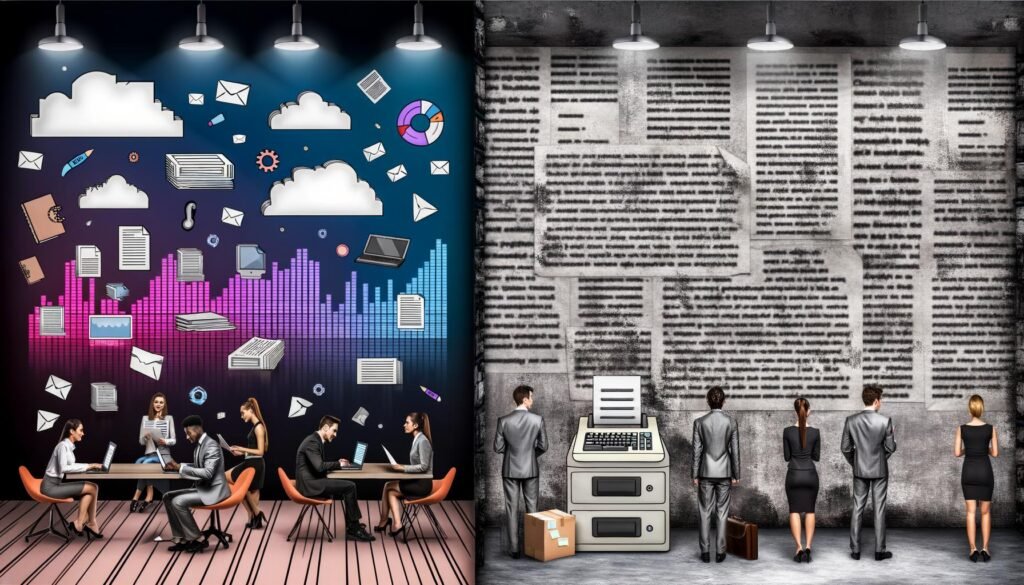 Kontrastreiche Szene zwischen modernem Startup mit digitalen Innovationen und traditionellem Behördenbüro mit Papierbergen und Faxgerät, geteilt von einer Betonwand aus Bürokratie-Dokumenten.